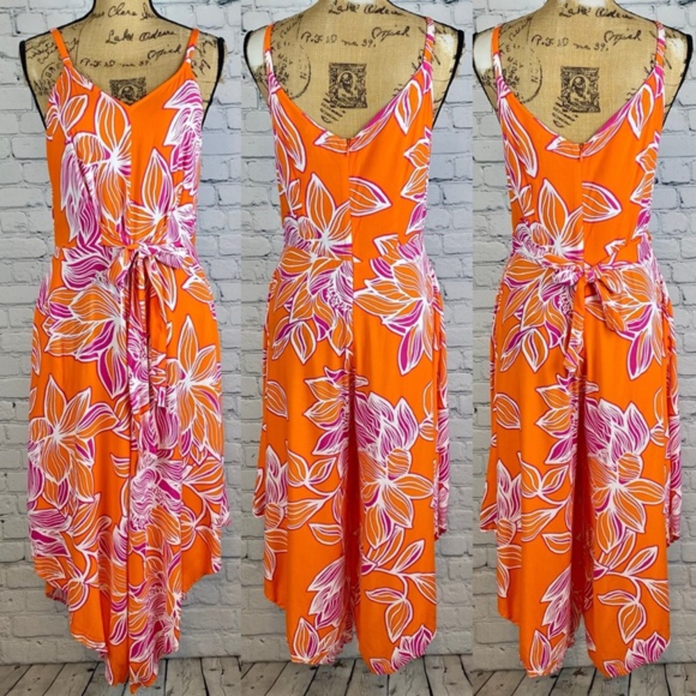 Ivy Street Vibrant Orange Floral Print Asymetrical Wide Leg Jumpsuit
